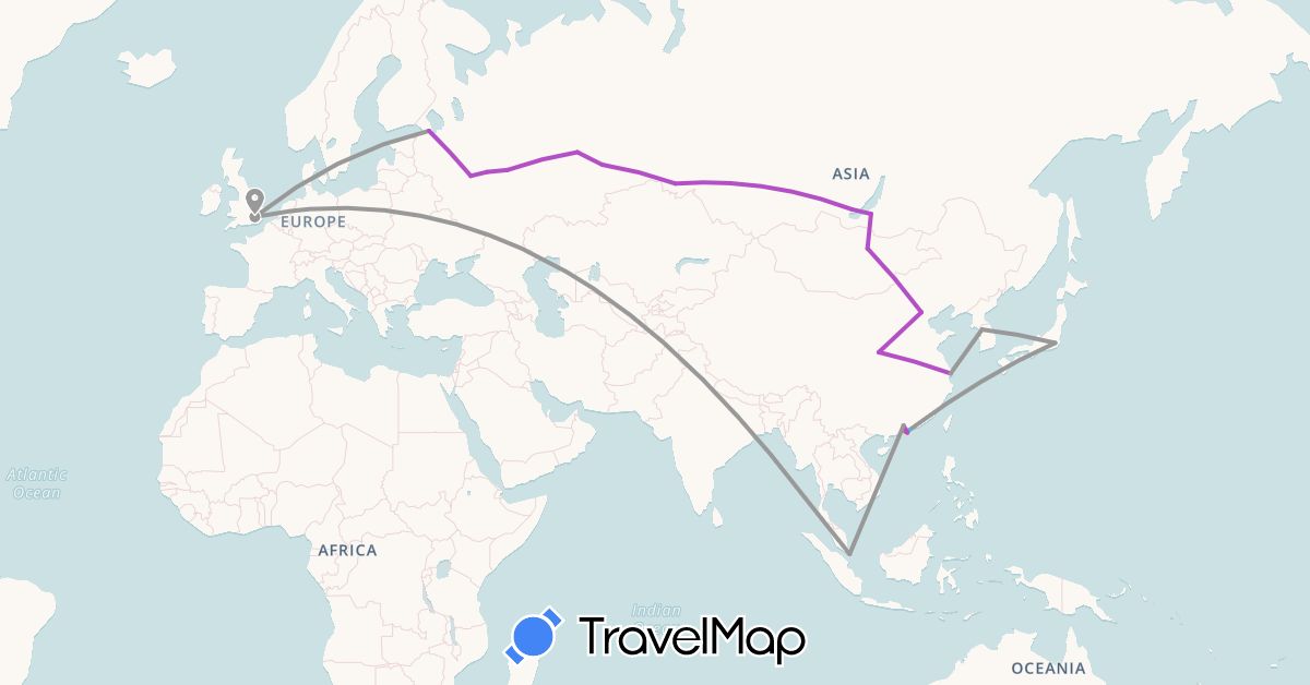TravelMap itinerary: driving, plane, train, hiking, boat in China, United Kingdom, Japan, South Korea, Mongolia, Russia, Singapore (Asia, Europe)